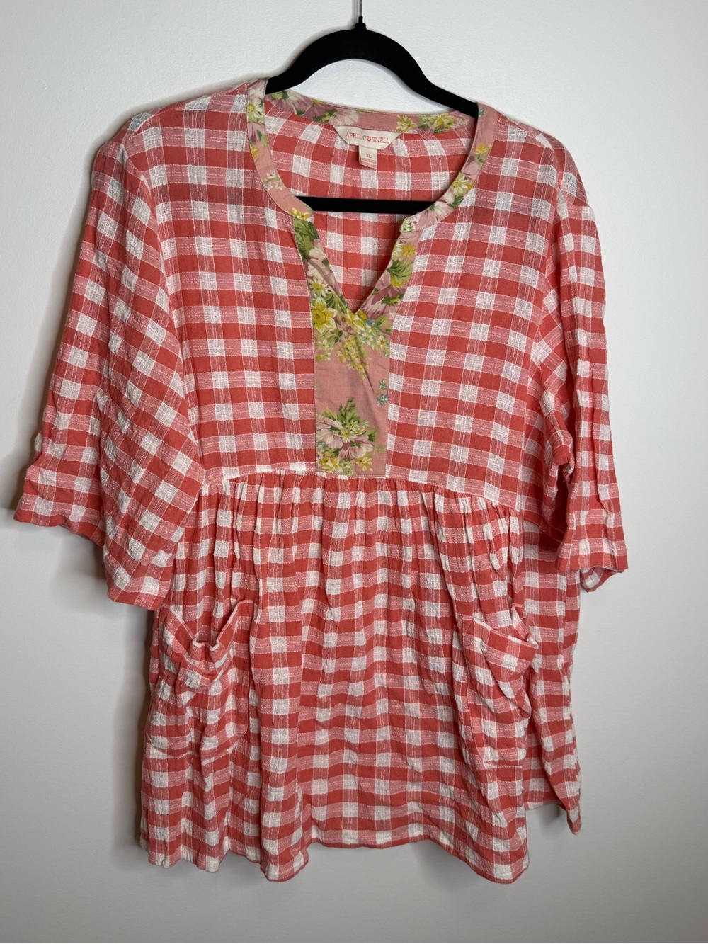 April Cornell Coral and White Gingham Peasant Top with Floral Trim size XL